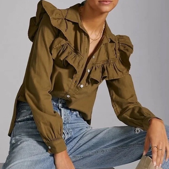 Pilcro Tops - ANTHROPOLOGIE Pilcro Ruffle Button Down Blouse Top Green